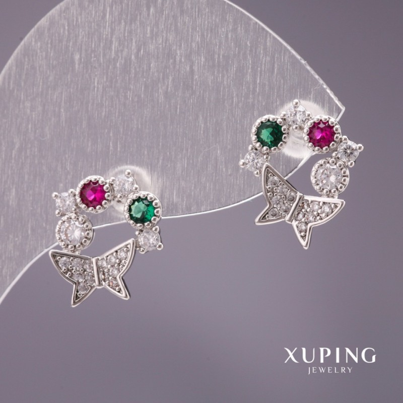 Xuping Butterfly Stud Earrings with Rhinestones, White Green Raspberry, 13x12mm, Rhodium