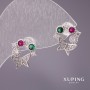 Xuping Butterfly Stud Earrings with Rhinestones, White Green Raspberry, 13x12mm, Rhodium