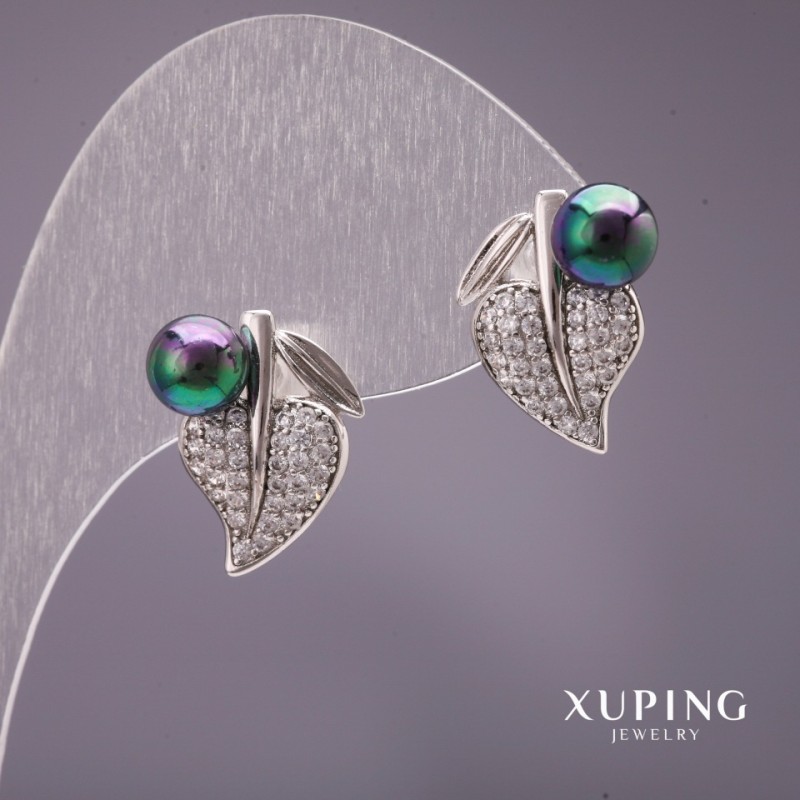 Xuping Earrings with Majorca Pearls, Black, 16x14mm, Rhodium