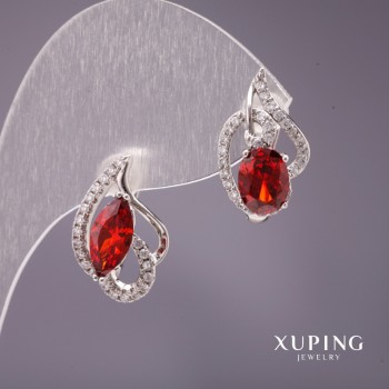 Xuping Asymmetric Earrings with Stone, Red, 18x11mm, Rhodium