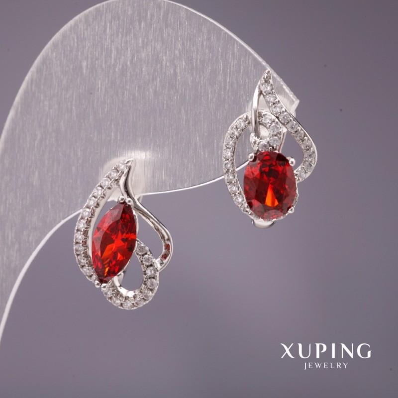 Xuping Asymmetric Earrings with Stone, Red, 18x11mm, Rhodium
