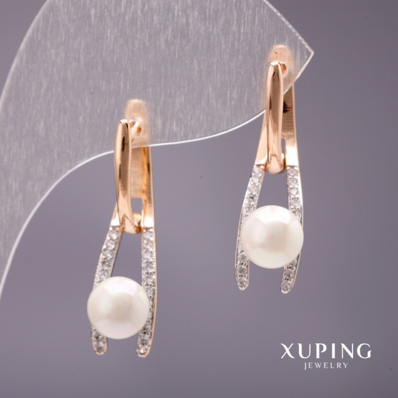 Xuping Earrings with Majorca Pearls, White, 28x8mm, 18K Gold Plated