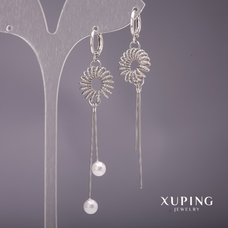 Xuping Long Asymmetric Earrings with Majorca Pearls White 15x70mm Rhodium