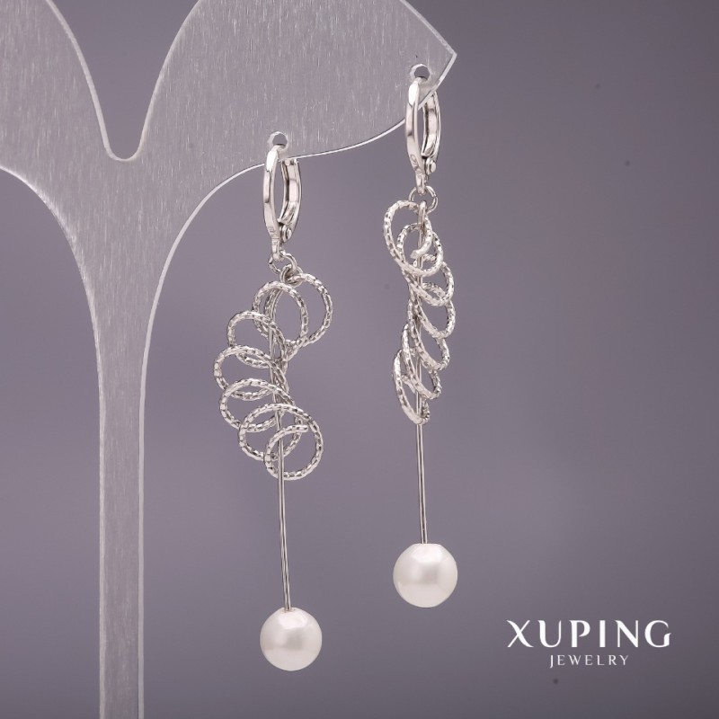 Xuping Long Earrings with Majorca Pearls White 58x7mm Rhodium