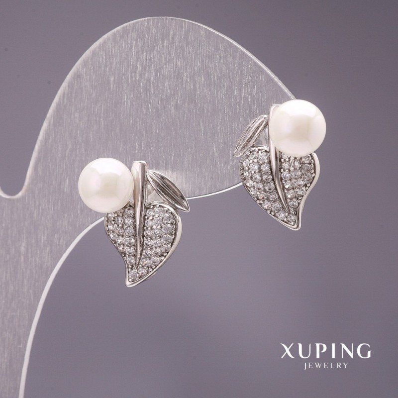 Xuping Leaf Earrings with Majorca Pearls White 17x13mm Rhodium
