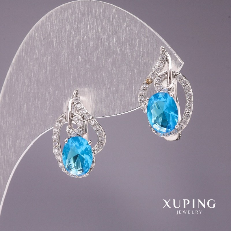Xuping Earrings with Blue Stone, 18x10mm, Rhodium