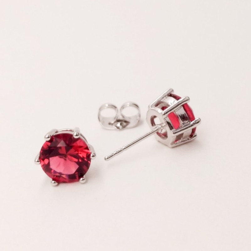 Xuping Stud Earrings, Crown Setting with Red Stone, Diameter 8mm, Rhodium