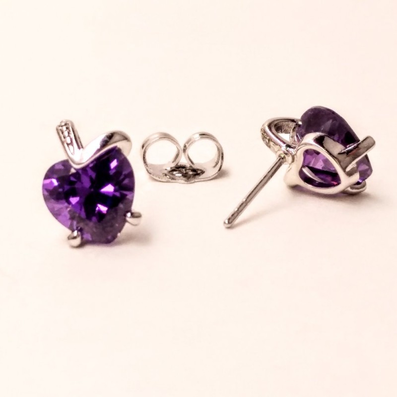 Xuping Stud Earrings 'Heart' with Purple Stone, 11x9mm, Rhodium-Plated