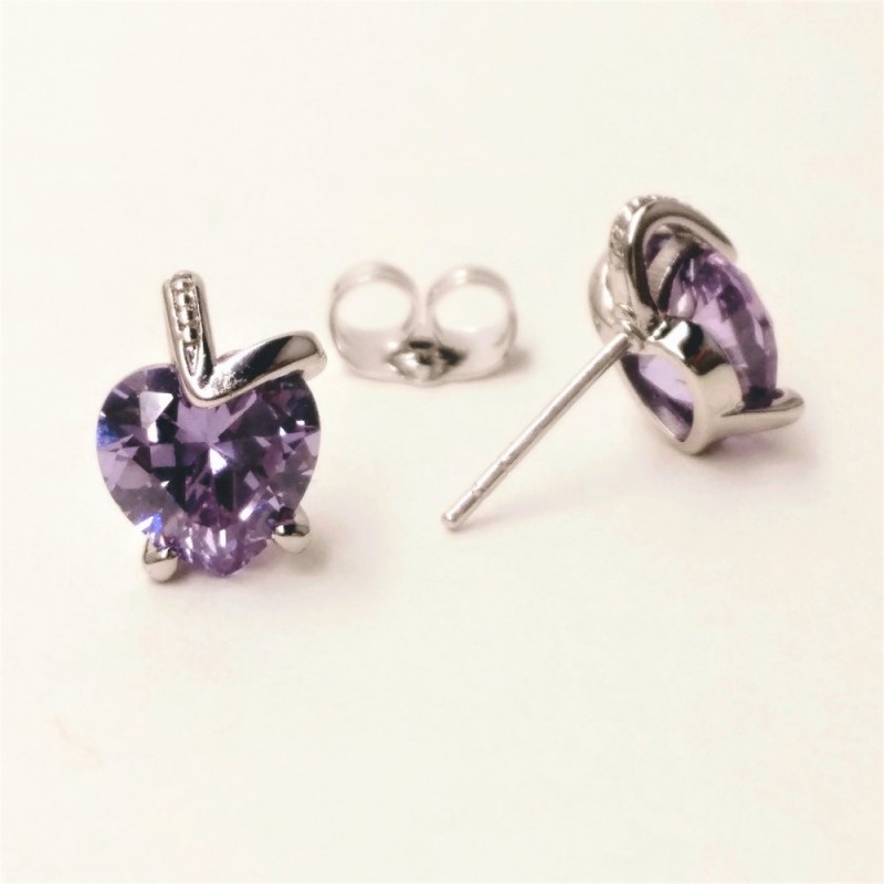 Xuping Stud Earrings 'Heart' with Light Lilac Stone, 11x9mm, Rhodium-Plated