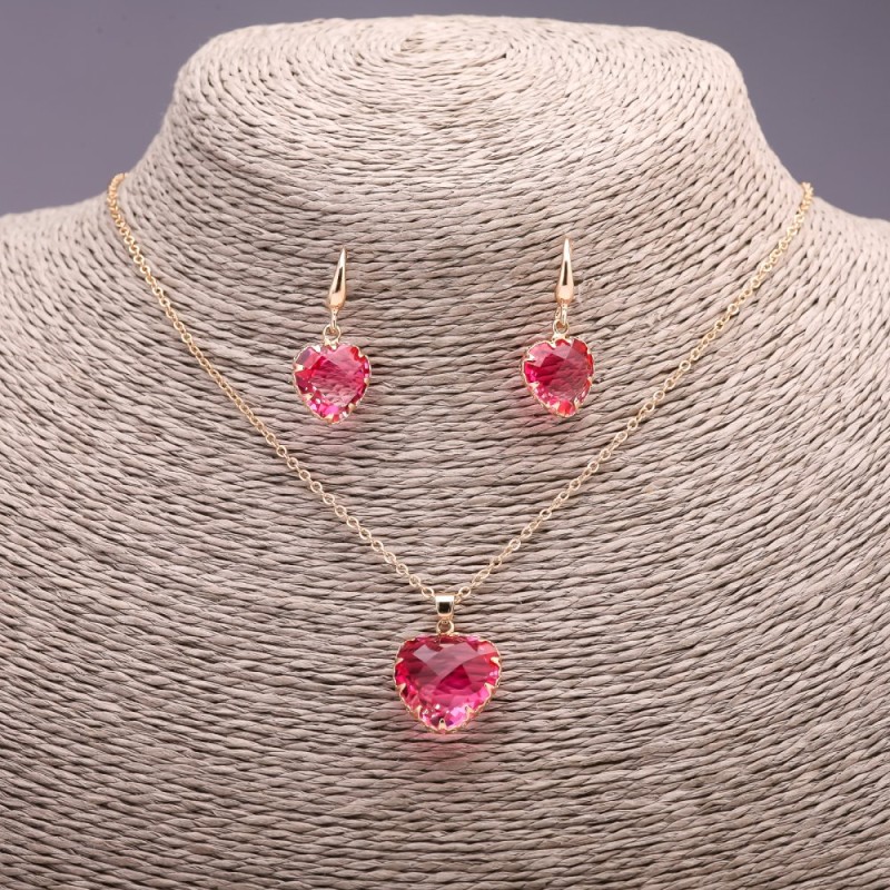 "Heart" Set, Raspberry-Pink Multicolour, Pendant 19x16mm and Earrings 27x13mm, 50cm Chain