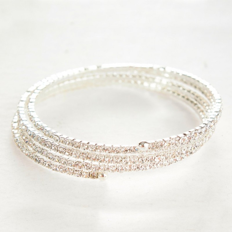 Slim spiral bracelet with three turns, white small rhinestones, circumference 18–22 cm