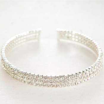 Bracelet, hoop, three-row with crystals, white, 18–22 cm circumference