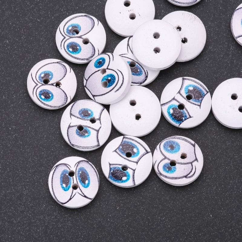 Wooden Kids' Buttons 'Eyes', White/Light Blue, 15mm, Pack of 25