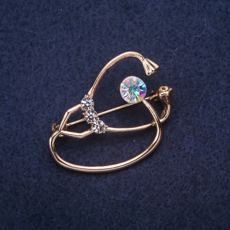 Brooch "Stethoscope" with Chameleon White Rhinestones, 37x26mm, Gold-Tone Metal