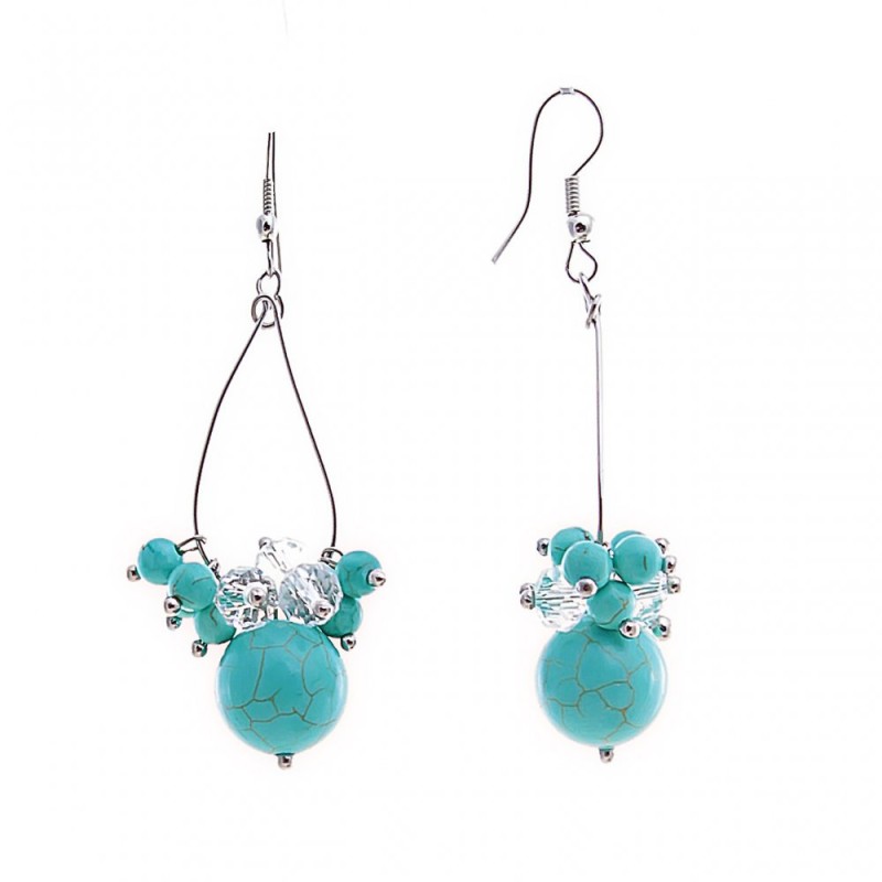 Earrings with large and small turquoise beads on teardrop pendants, 60mm