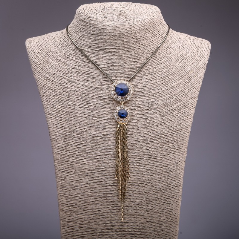Pendant with Blue Crystals on a Long Chain, Black Gold Metal, Diameter 24x140mm, Length 75-80cm