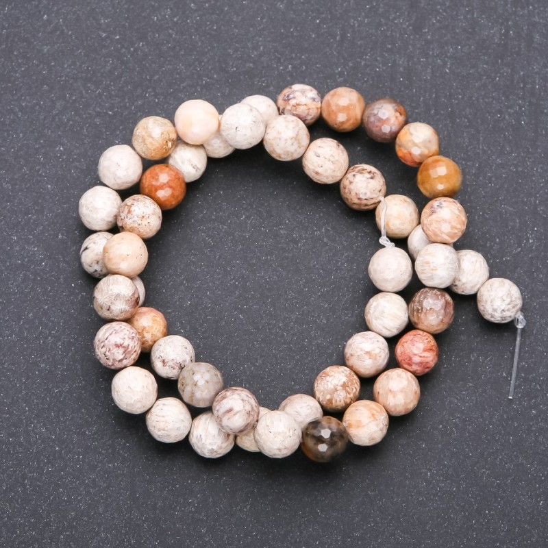 Fossilised Coral Beads, Faceted Ball, Diameter 8mm, Strand, Length 38cm