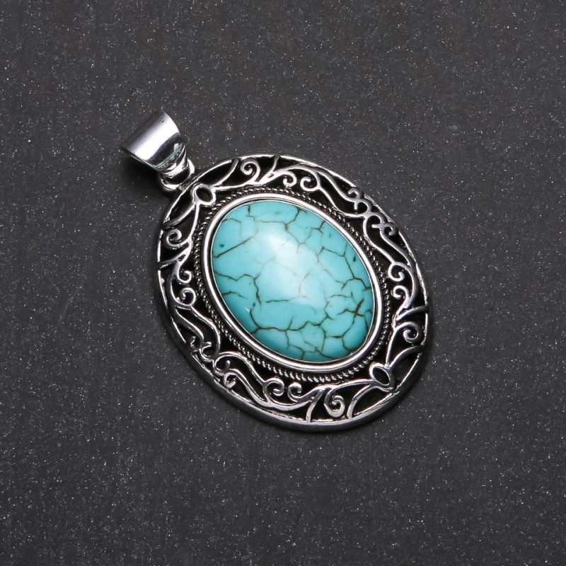Pendant with Natural Turquoise Stone in Antique-Style Setting 33x40x52mm