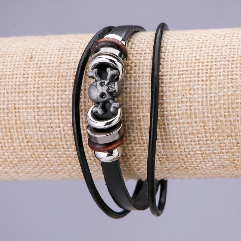 Skull Bracelet, Length 21cm, Width 15mm, Black Eco Leather