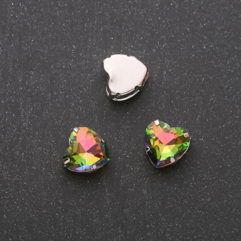 Price per Pack/10 pcs. Sew-On Crystal in Claw Setting, Heart 12mm, Pink-Green