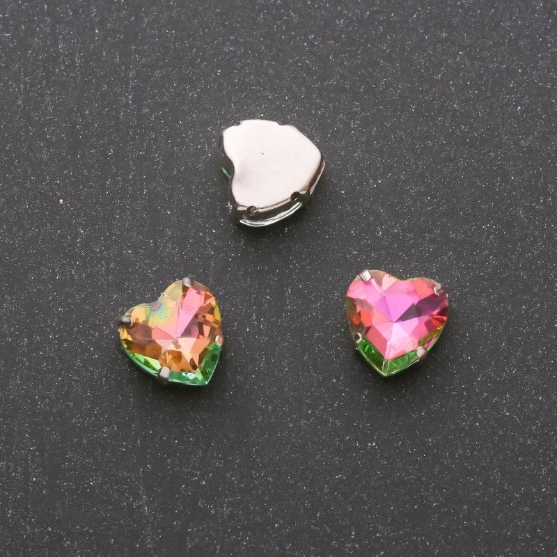 Price per Pack/10 pcs. Sew-On Crystal in Claw Setting, Heart 12mm, Pink-Green