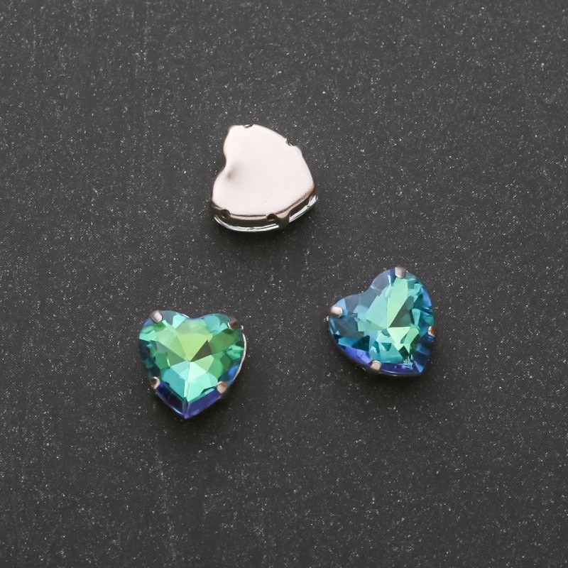 Price per Pack/10 pcs. Sew-On Crystal in Claw Setting, Heart 10mm, Green-Blue