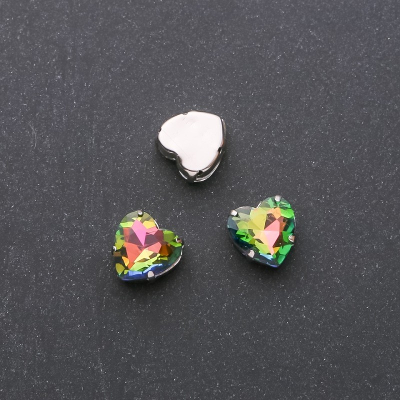 Price per pack of 10. Sew-on crystal in setting Heart 10mm pink-green