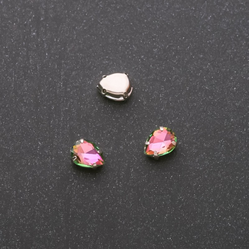 Sew-on crystal in cup, drop 6x8mm pink-green