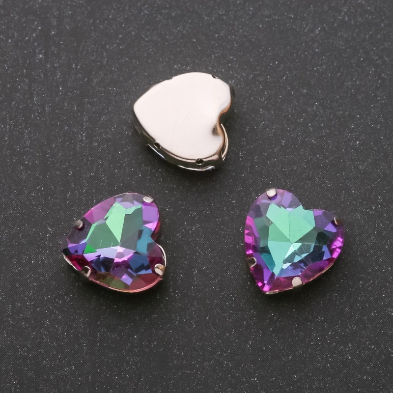 Price per pack of 10. Sew-on crystal in setting Heart 14mm green-raspberry