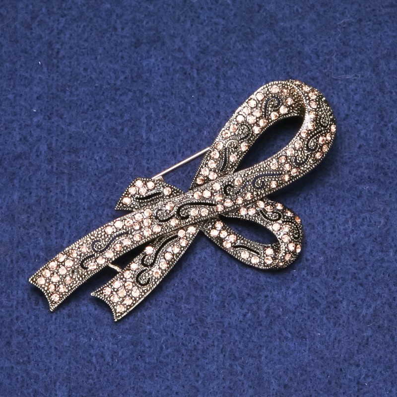 Clearance! Bow Brooch with Golden Rhinestones, golden metal 39x80mm