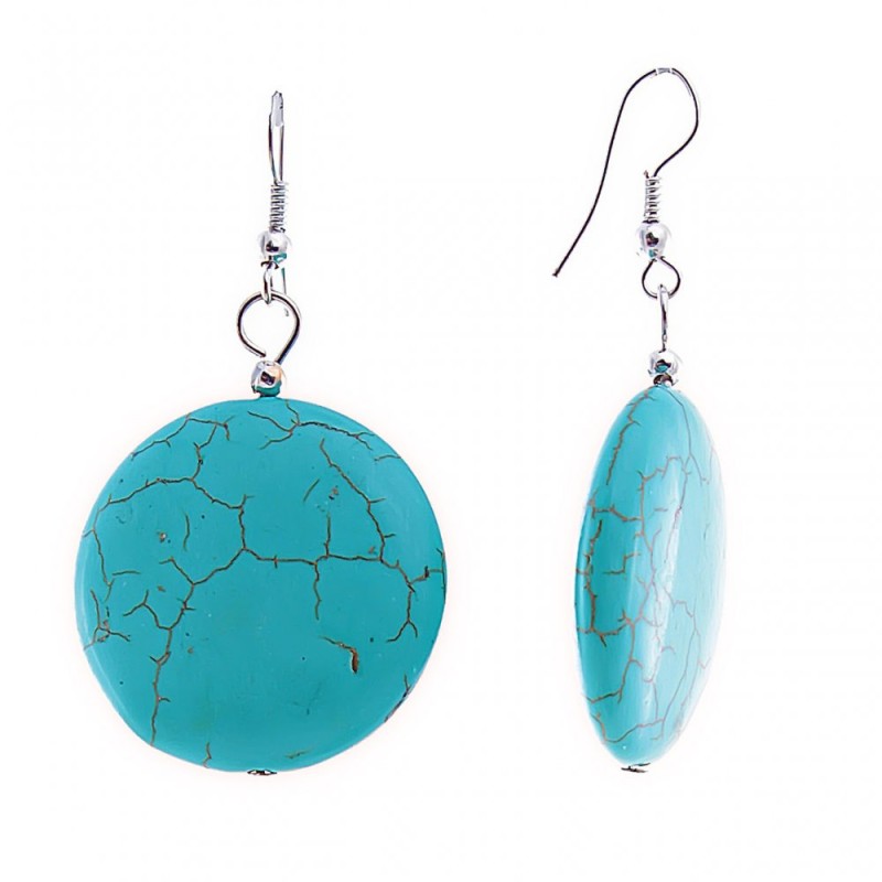 Earrings - drop with round cabochon coin shapes resembling turquoise with veining, 53x28mm