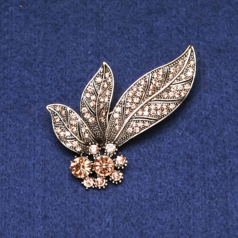 Sale! Leaves Brooch with Rhinestones, gold-tone metal, 60mm
