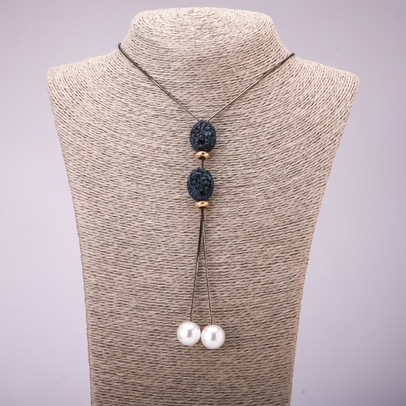 Tie Pendant with Blue Rhinestones on a Long Chain, Black Gold Metal, diameter 16x48mm, length 70cm