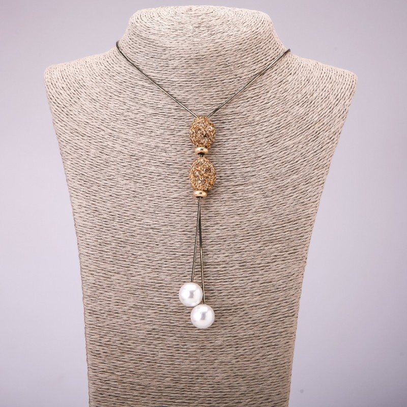 Tie Pendant with Yellow Rhinestones on a long chain, black gold metal, diameter 16x48mm, length 70cm