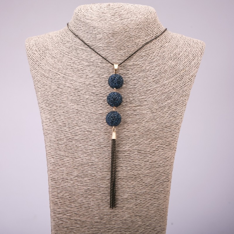 Trio Pendant with Blue Rhinestones on a Long Chain, Black Gold Metal, diameter 16x155mm, length 70cm