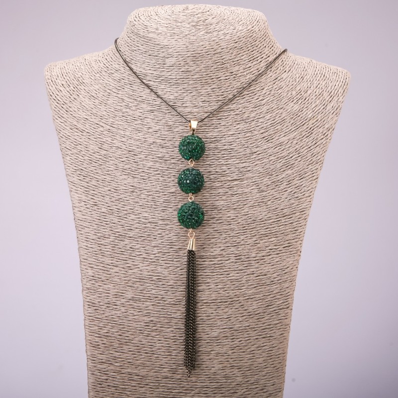 Trio Pendant with Green Rhinestones on a Long Chain, Black Gold Metal, diameter 16x155mm, length 70cm