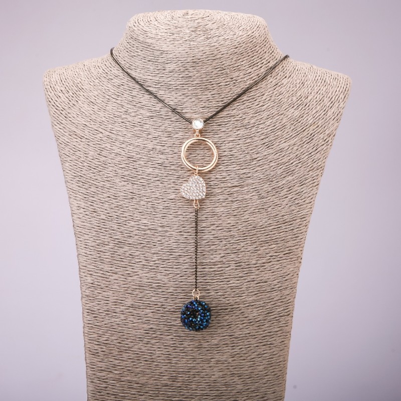 Rhinestone Pendant on a Long Chain, Black Gold Metal, diameter 113x23mm, length 70cm
