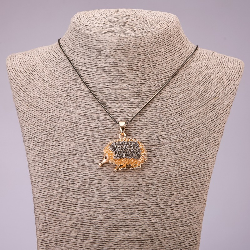 Hedgehog Pendant with Black Rhinestones on a Long Chain, Black Gold Metal, diameter 30x39mm, length 70cm