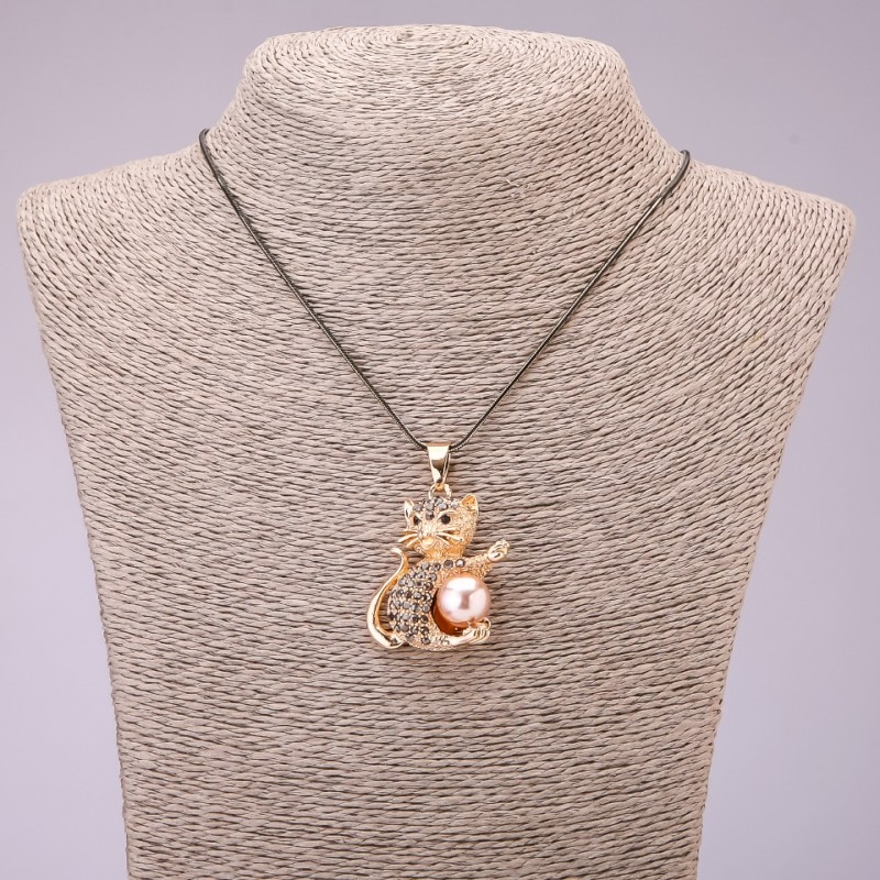 Kitty Pendant with Black Rhinestones on a Long Chain, Black Gold Metal, diameter 30x39mm, length 70cm