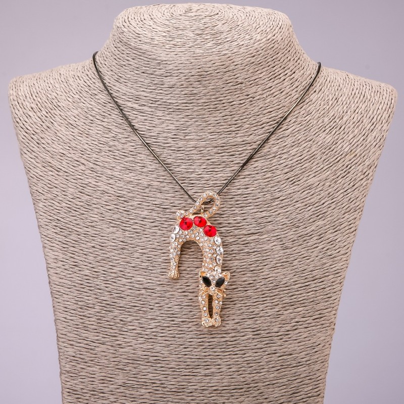 Cat Pendant with Crystals on a Long Chain, Black Gold Metal, diameter 31x65mm, length 70cm