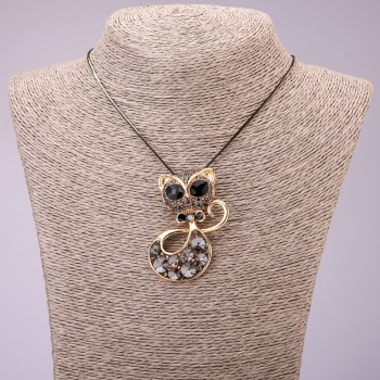 Cat Pendant with Grey Crystals on a Long Chain, Black Gold Metal, diameter 44x55mm, length 70cm