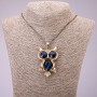 Owl Pendant with Blue Crystals on a Long Chain, Black Gold Metal, diameter 41x62mm, length 70cm