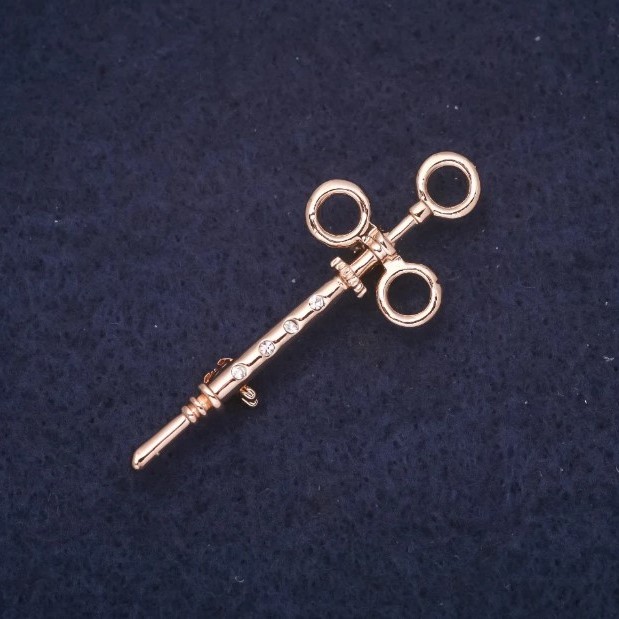 Syringe Brooch with Rhinestones, Gold-Tone Metal, 17x45mm