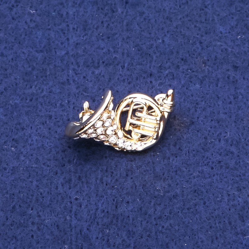 French Horn Brooch with Rhinestones, Gold-Tone Metal, 16x27mm