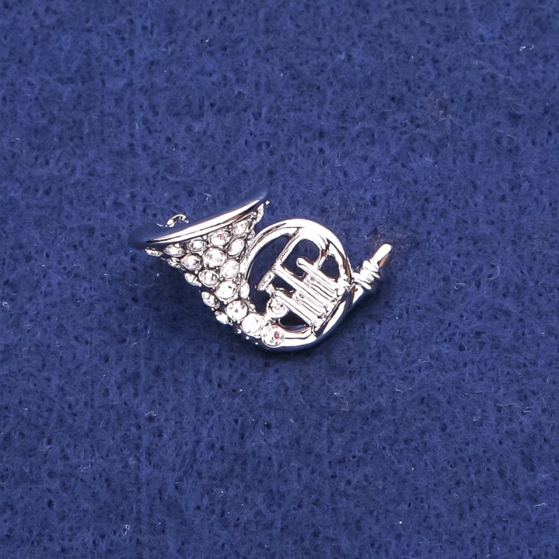 French Horn Brooch with Rhinestones, Silver-Tone Metal, 16x27mm