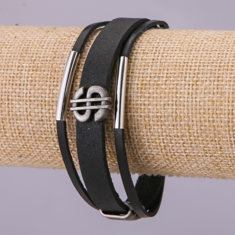 Men's Eco-Leather Bracelet with Dollar Sign, 21cm, Black, Silver-Tone Metal