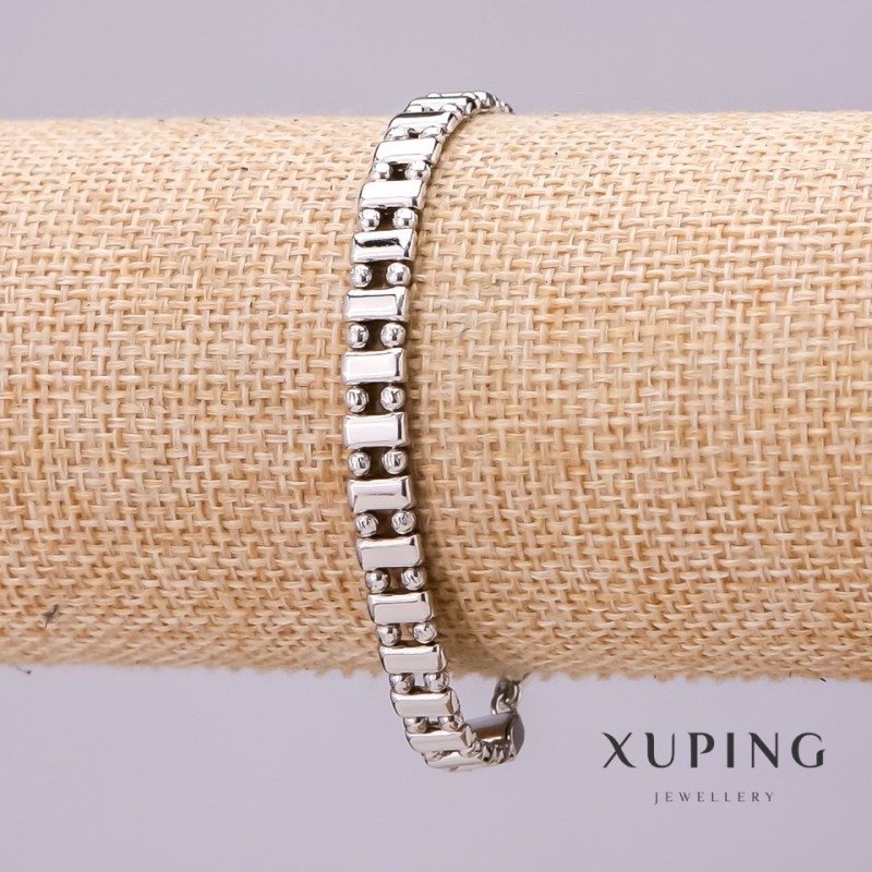 Xuping Bracelet, Double Dot-Dash Weave, Thickness 6mm, Length 18cm, Rhodium