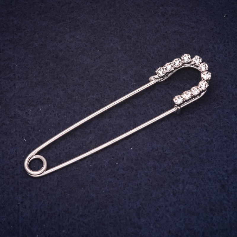 Brooch Pin, 70x16mm, Rhinestones, White, Silver-Tone Metal