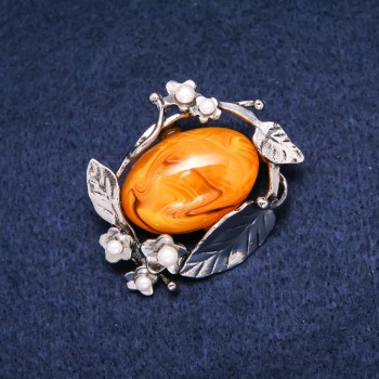 Amber Brooch (Artificial), 47x38mm, Yellow, Silver-Tone White Metal