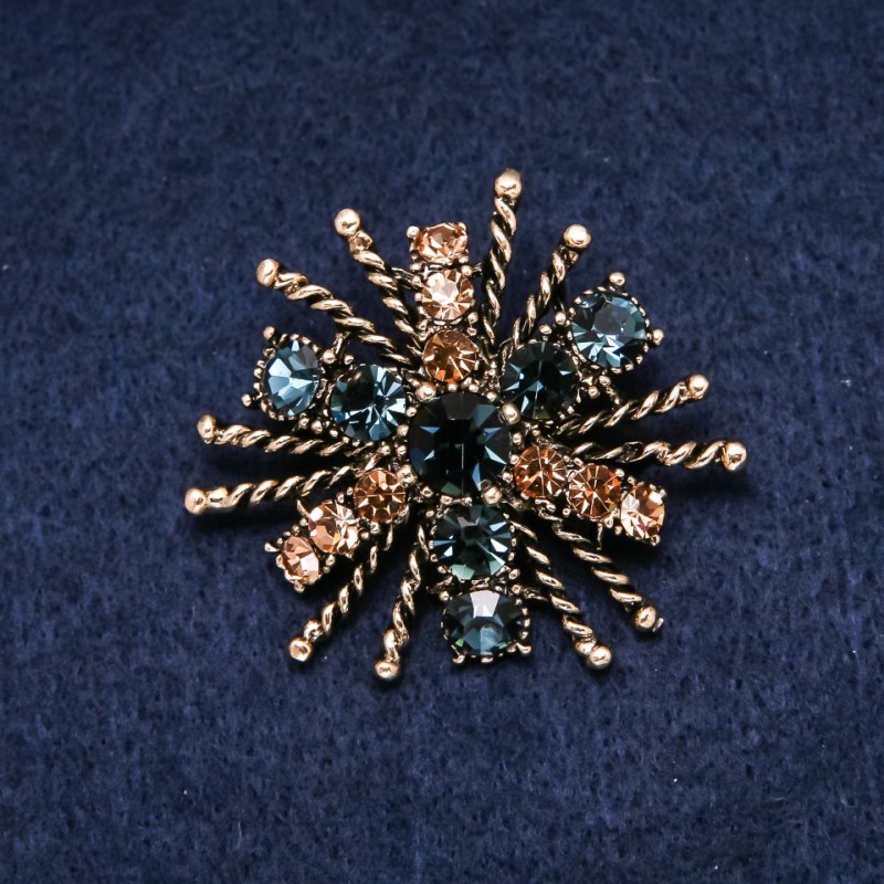 Order of Beauty Brooch, Yellow & Blue Rhinestones, 45x40mm, Gold-Tone Metal